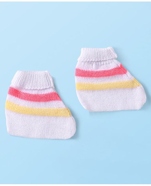 Babyhug Knit Full Sleeves Striped Front Open Sweater Set With Cap & Mittens - Multicolour