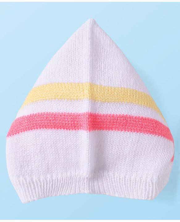 Babyhug Knit Full Sleeves Striped Front Open Sweater Set With Cap & Mittens - Multicolour