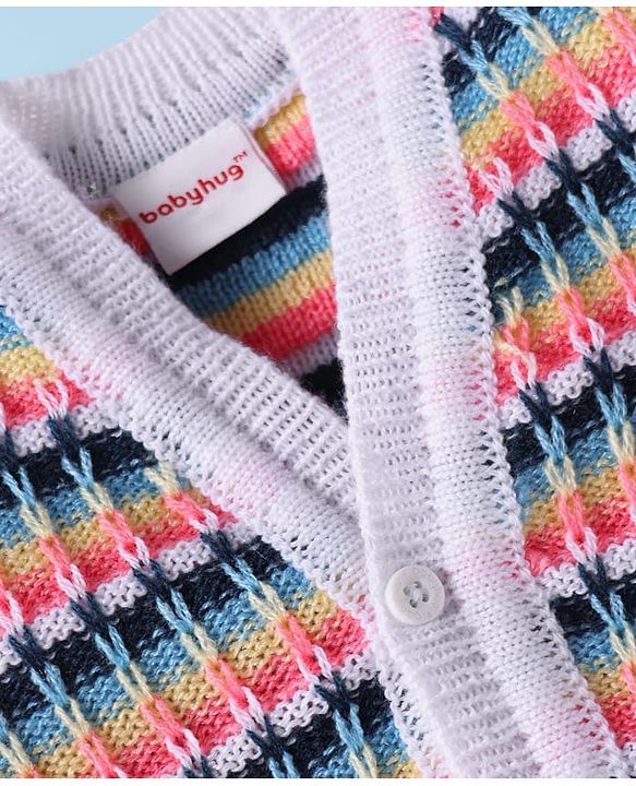 Babyhug Knit Full Sleeves Striped Front Open Sweater Set With Cap & Mittens - Multicolour