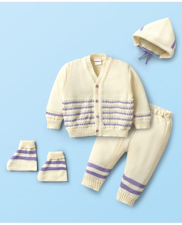 Babyhug Knit Full Sleeves front Open Sweater Set with Cap & Booties - Offwhite