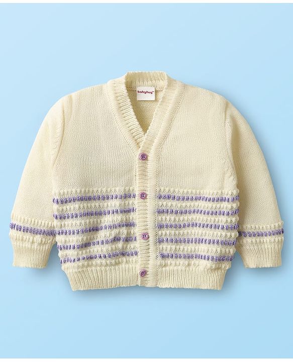 Babyhug Knit Full Sleeves front Open Sweater Set with Cap & Booties - Offwhite