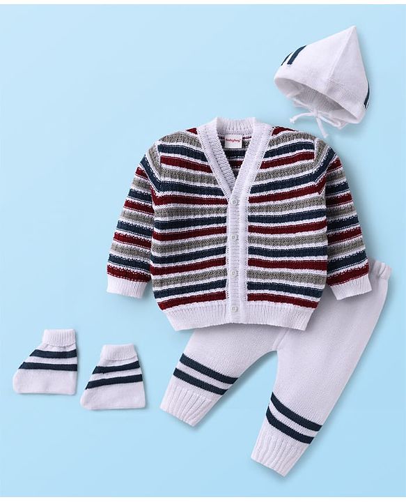 Babyhug Knit Full Sleeves Striped Front Open Sweater Set with Cap & Booties - Multicolor