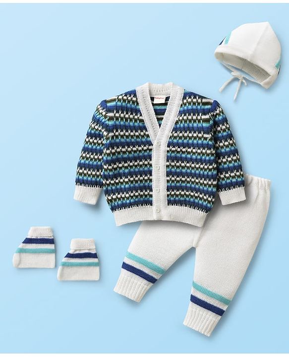Babyhug Knit Full Sleeves Front Open Cable Knit Designed Sweater Set With Cap & Mittens - Multi Colour
