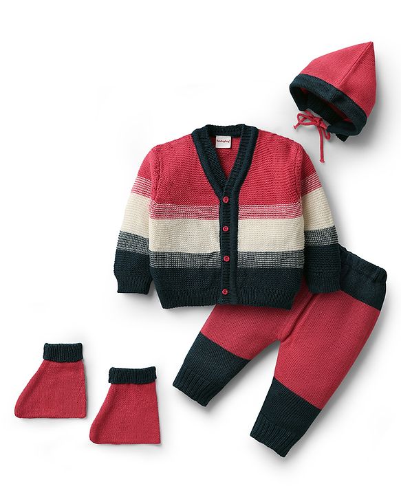 Babyhug Knit Full Sleeves Front Open Sweater Set with Color Block Design Cap with Knot & Booties - Dark Pink White & Black