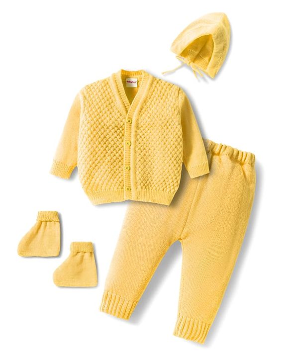 Babyhug Knitted Full Sleeves Front Open Solid Sweater Set With Cap & Mittens - Yellow
