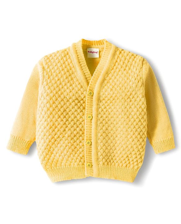 Babyhug Knitted Full Sleeves Front Open Solid Sweater Set With Cap & Mittens - Yellow
