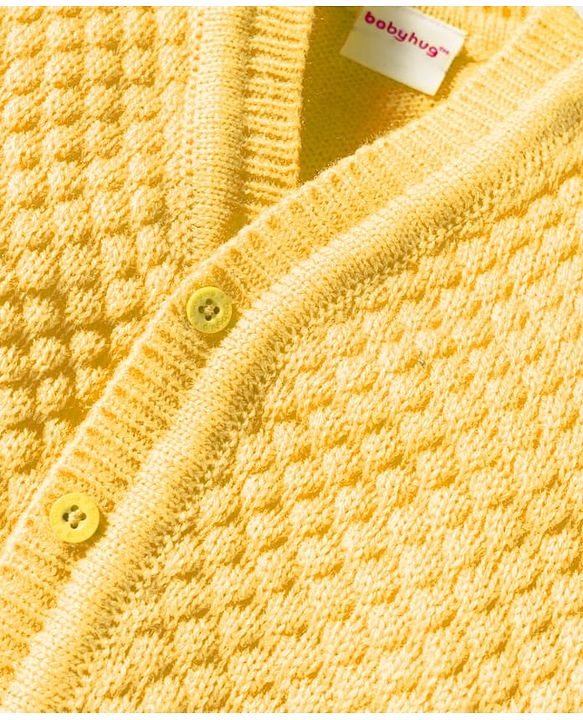 Babyhug Knitted Full Sleeves Front Open Solid Sweater Set With Cap & Mittens - Yellow