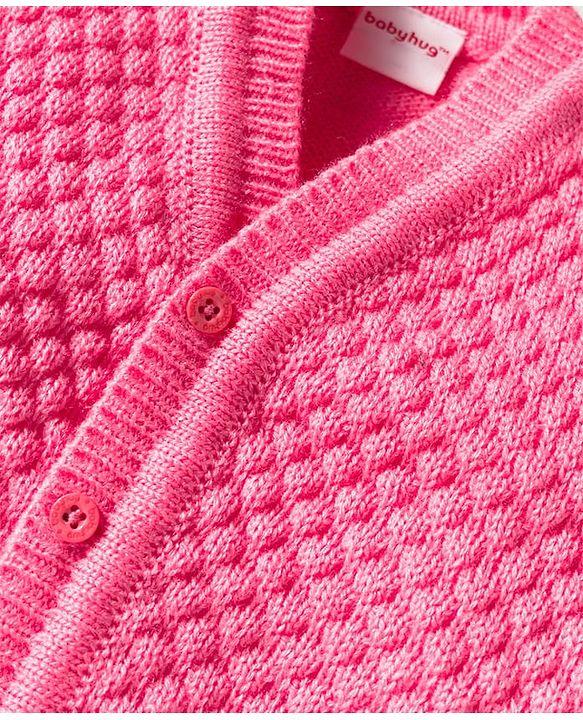 Babyhug Knitted Full Sleeves Front Open Solid Sweater Set With Cap & Mittens - Pink