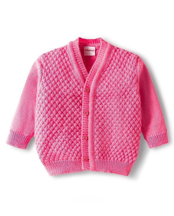 Babyhug Knitted Full Sleeves Front Open Solid Sweater Set With Cap & Mittens - Pink