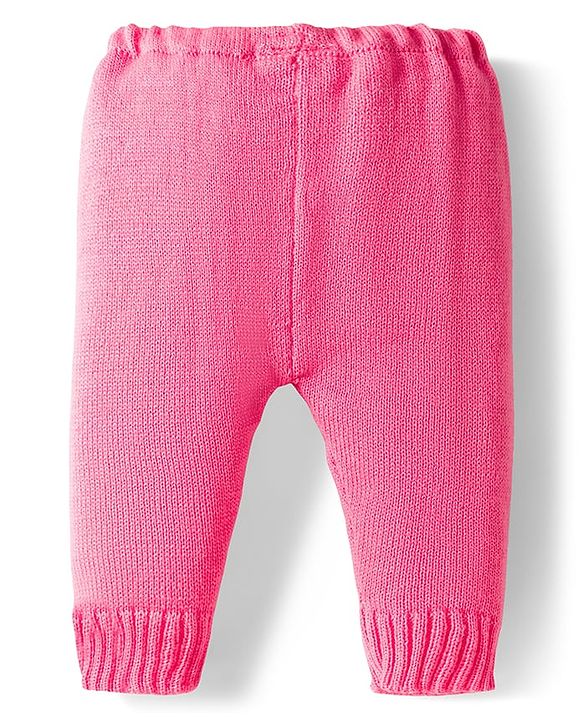 Babyhug Knitted Full Sleeves Front Open Solid Sweater Set With Cap & Mittens - Pink