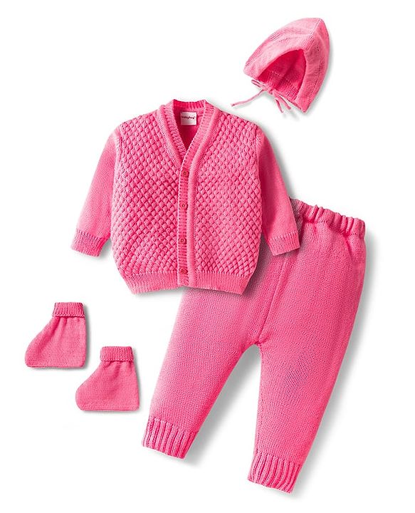 Babyhug Knitted Full Sleeves Front Open Solid Sweater Set With Cap & Mittens - Pink