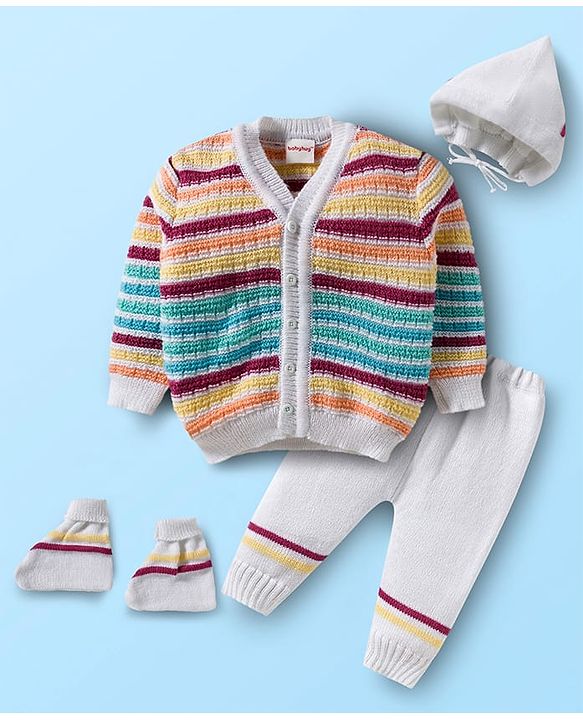 Babyhug Knit Full Sleeves Striped Front Open Sweater Set with Cap & Booties - Multicolor