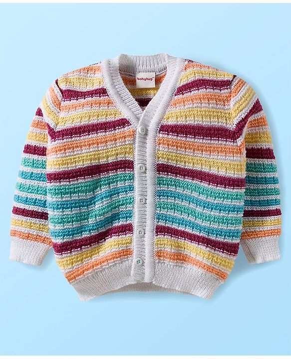 Babyhug Knit Full Sleeves Striped Front Open Sweater Set with Cap & Booties - Multicolor
