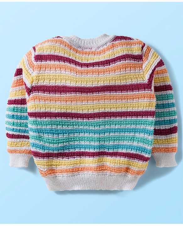 Babyhug Knit Full Sleeves Striped Front Open Sweater Set with Cap & Booties - Multicolor