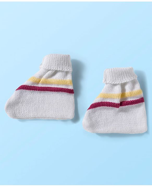 Babyhug Knit Full Sleeves Striped Front Open Sweater Set with Cap & Booties - Multicolor