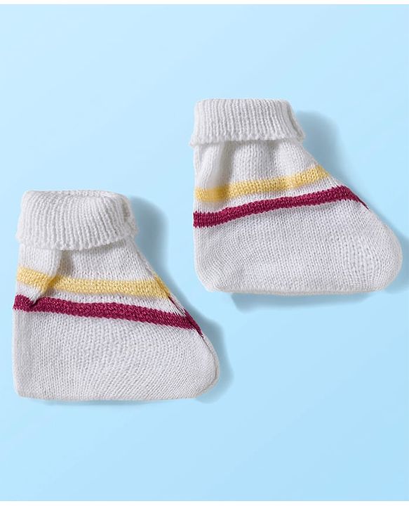 Babyhug Knit Full Sleeves Striped Front Open Sweater Set with Cap & Booties - Multicolor