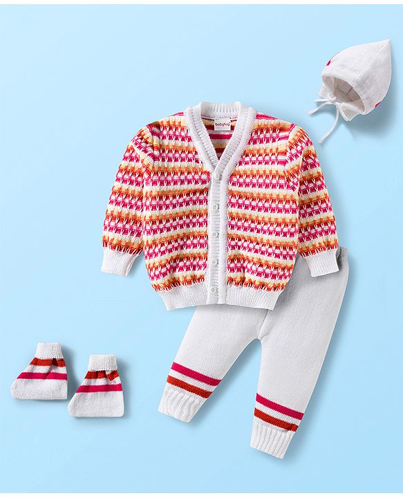 Babyhug Knit Full Sleeves Striped Front Open Sweater Set with Cap & Booties - Multicolor