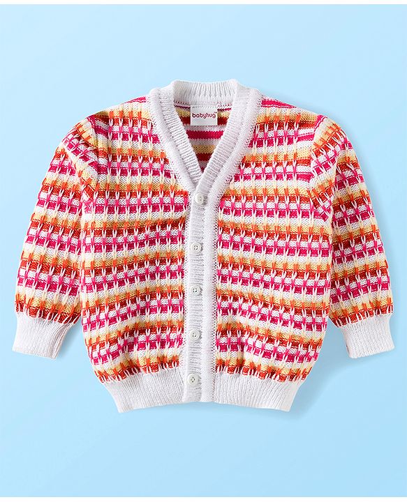 Babyhug Knit Full Sleeves Striped Front Open Sweater Set with Cap & Booties - Multicolor