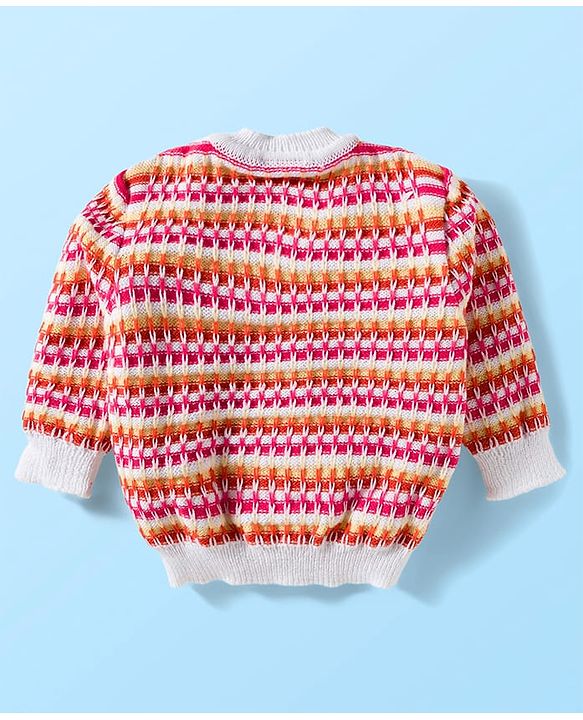 Babyhug Knit Full Sleeves Striped Front Open Sweater Set with Cap & Booties - Multicolor