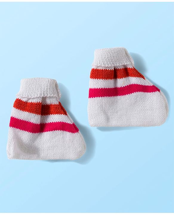 Babyhug Knit Full Sleeves Striped Front Open Sweater Set with Cap & Booties - Multicolor