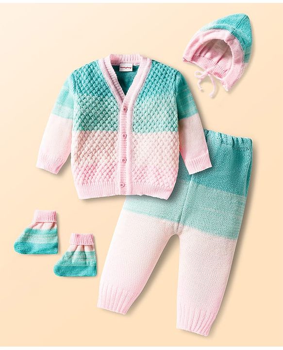 Babyhug Knit Full Sleeves Color Block Front Open Sweater Set with Cap & Booties - Pink