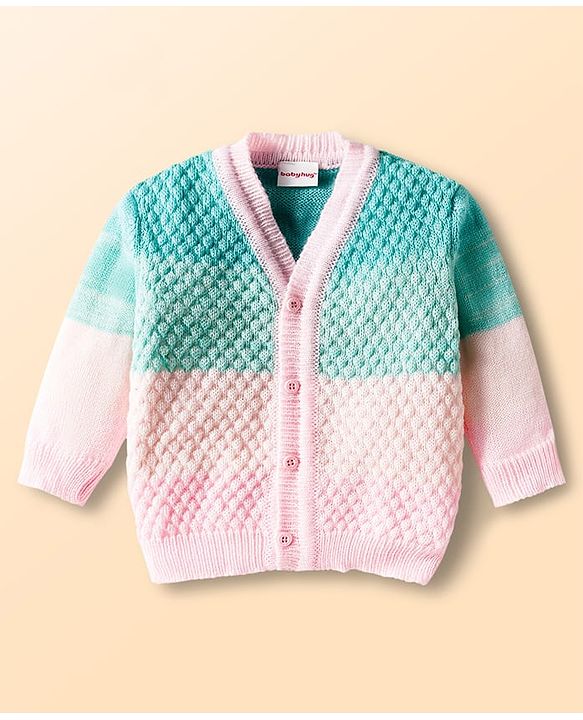 Babyhug Knit Full Sleeves Color Block Front Open Sweater Set with Cap & Booties - Pink