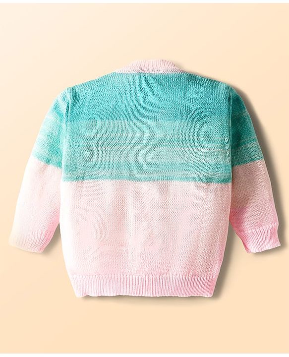 Babyhug Knit Full Sleeves Color Block Front Open Sweater Set with Cap & Booties - Pink