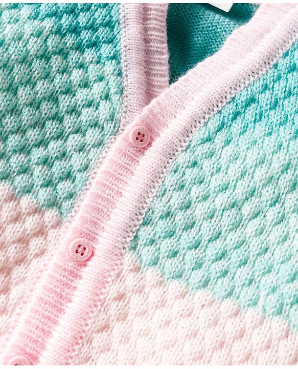 Babyhug Knit Full Sleeves Color Block Front Open Sweater Set with Cap & Booties - Pink