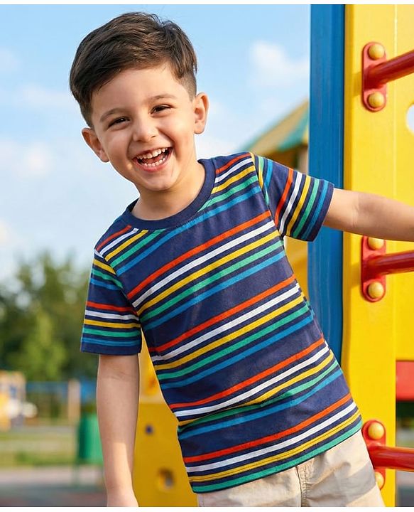 Babyhug 100% Cotton Knit Half Sleeves Stripeed T-Shirt - Navy Blue