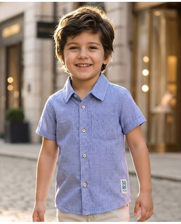Babyhug 100% Cotton Half Sleeves Checks Shirt With Patch Detailing - Blue