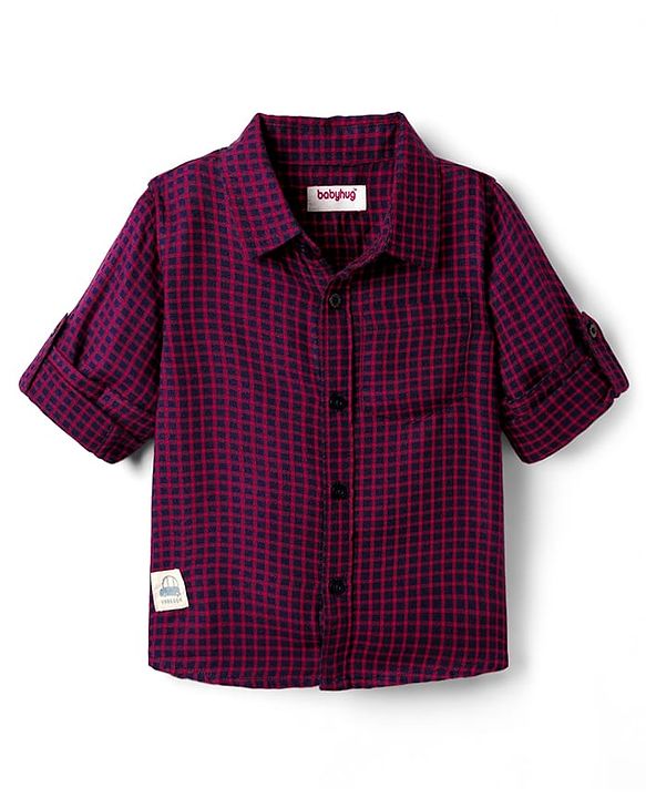 Babyhug 100% Cotton Full Sleeves Checks Shirt With Patch Detailing - Maroon
