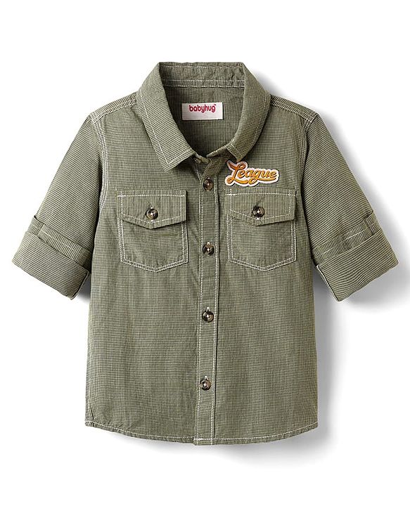 Babyhug Cotton Woven Full Sleeves Checkered Shirt With Text Embriodery - Olive Green