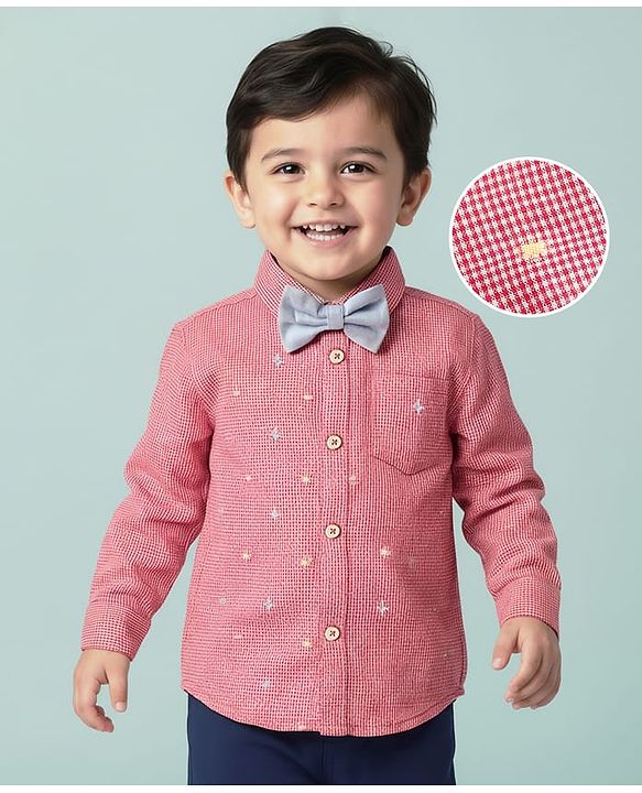 Babyhug Viscose Woven Full Sleeve Checkered Shirt with Bow & Embroidery - Pink