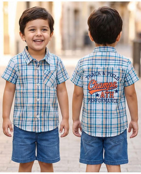 Babyhug 100% Cotton Half Sleeves Checks Shirt With Text Print - Multicolour