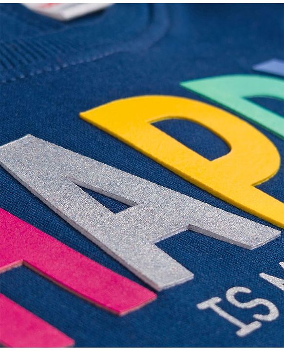 Babyhug Cotton Knit Full Sleeves Sweatshirt With Text Print & Kangaroo Pockets - Navy Blue