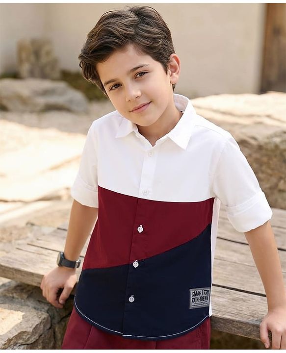 Pine Kids Cotton Woven Full Sleeves Color Block Shirt - White & Red