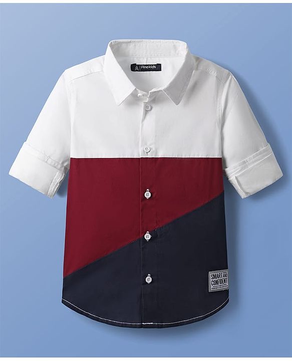 Pine Kids Cotton Woven Full Sleeves Color Block Shirt - White & Red