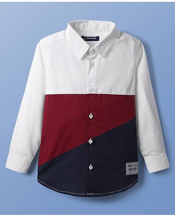 Pine Kids Cotton Woven Full Sleeves Color Block Shirt - White & Red