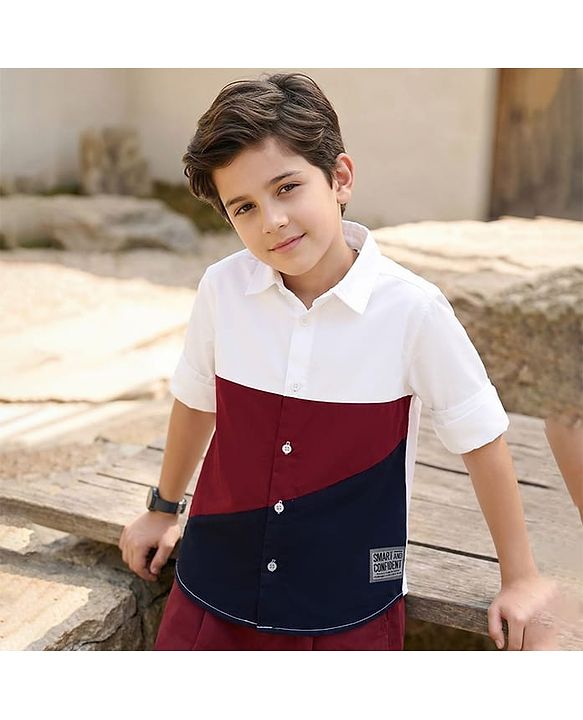 Pine Kids Cotton Woven Full Sleeves Color Block Shirt - White & Red