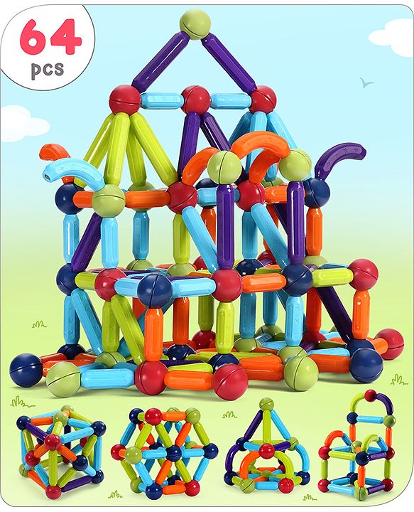 Babyhug Magnetic Colorful Sticks - 64 Pieces| Montessori Learning| Learning Building Activity & Educational Toy| for 3+ Year Kids| Creative Gifting| Unlimited Play| Child Safe Material| BIS Certified