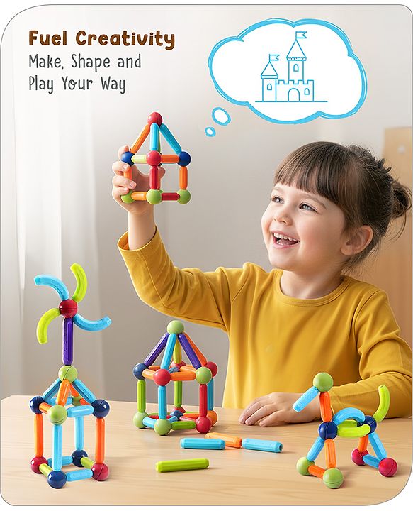 Babyhug Magnetic Colorful Sticks - 64 Pieces| Montessori Learning| Learning Building Activity & Educational Toy| for 3+ Year Kids| Creative Gifting| Unlimited Play| Child Safe Material| BIS Certified