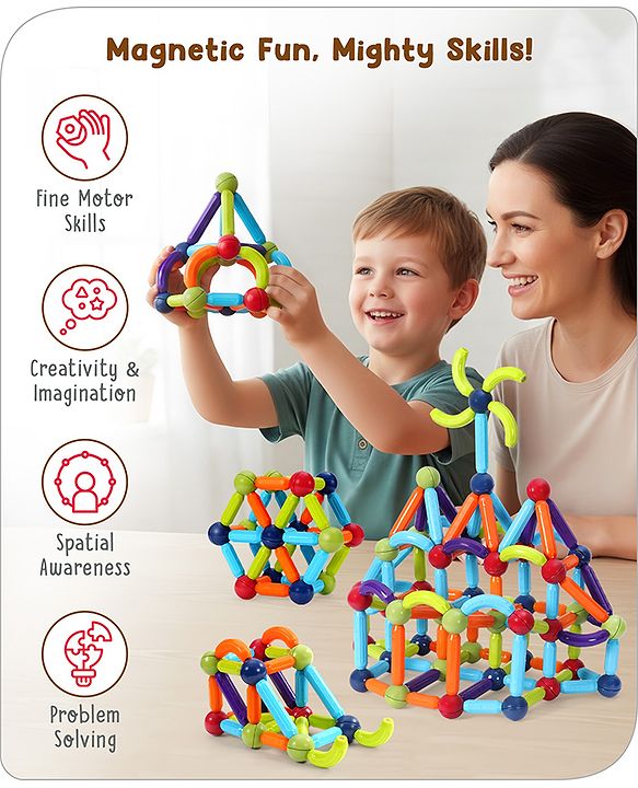 Babyhug Magnetic Colorful Sticks - 64 Pieces| Montessori Learning| Learning Building Activity & Educational Toy| for 3+ Year Kids| Creative Gifting| Unlimited Play| Child Safe Material| BIS Certified