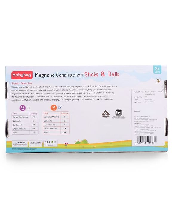 Babyhug Magnetic Colorful Sticks - 64 Pieces| Montessori Learning| Learning Building Activity & Educational Toy| for 3+ Year Kids| Creative Gifting| Unlimited Play| Child Safe Material| BIS Certified