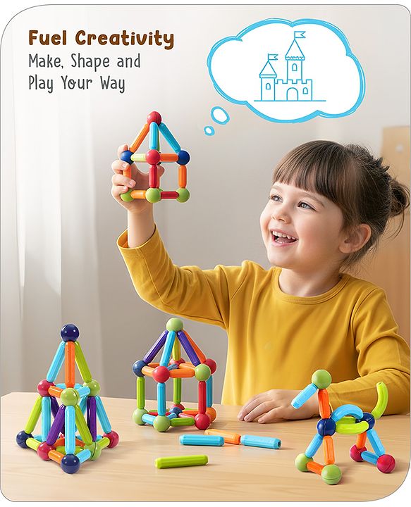 Babyhug Magnetic Colorful Sticks -52 Pieces| Montessori Learning| Learning Building Activity & Educational Toy| for 3+ Year Kids| Creative Gifting| Unlimited Play| Child Safe Material| BIS Certified