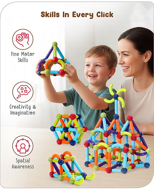 Babyhug Magnetic Colorful Sticks -52 Pieces| Montessori Learning| Learning Building Activity & Educational Toy| for 3+ Year Kids| Creative Gifting| Unlimited Play| Child Safe Material| BIS Certified