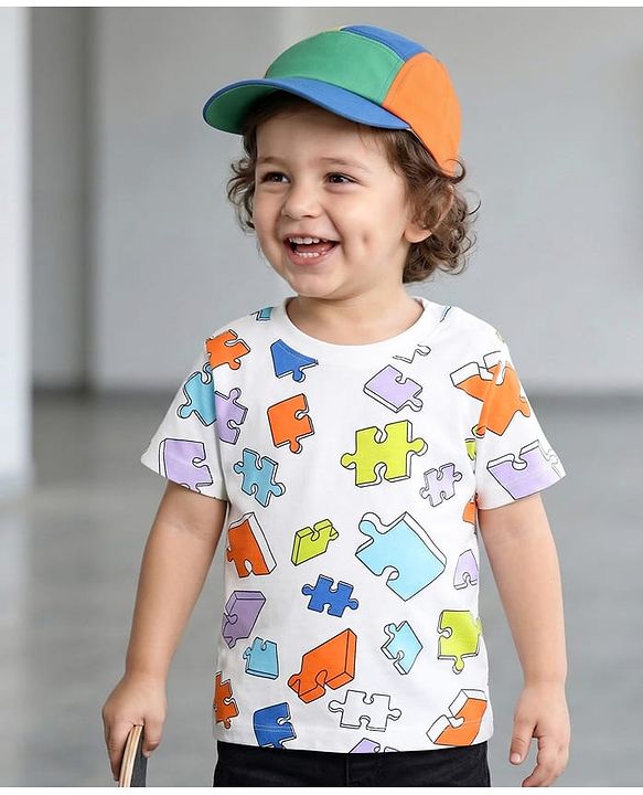 Babyhug 100% Cotton Knit Half Sleeves T-Shirt with Jigsaw Pieces Print - White