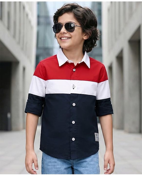 Pine Kids Cotton Woven Full Sleeves Color Block Shirt - Navy Blue & Red