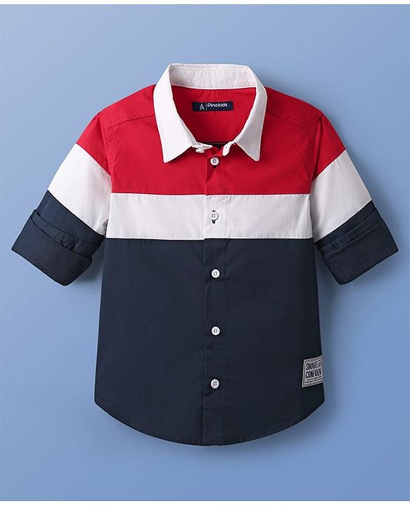 Pine Kids Cotton Woven Full Sleeves Color Block Shirt - Navy Blue & Red