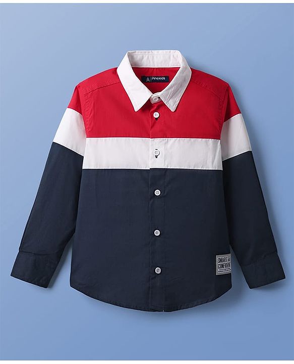 Pine Kids Cotton Woven Full Sleeves Color Block Shirt - Navy Blue & Red