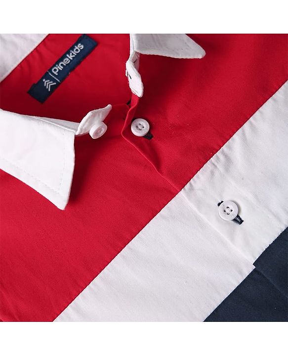 Pine Kids Cotton Woven Full Sleeves Color Block Shirt - Navy Blue & Red